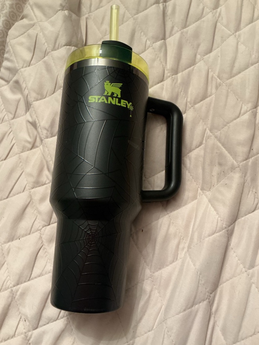 Stanley Black Tumbler with Neon Yellow-Green Lid and Logo